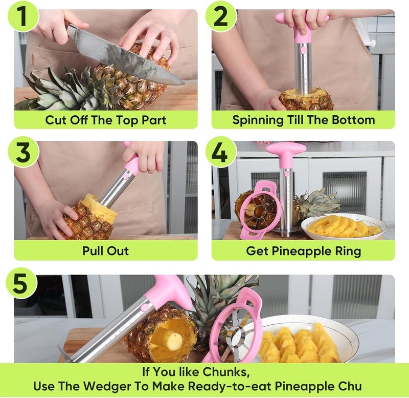 OOKUU Pineapple Corer, Stainless Steel Pineapple Peeler Slicer with Reinforced Thicker Blade, Measure Marked Core Remover, Pink - Image 3